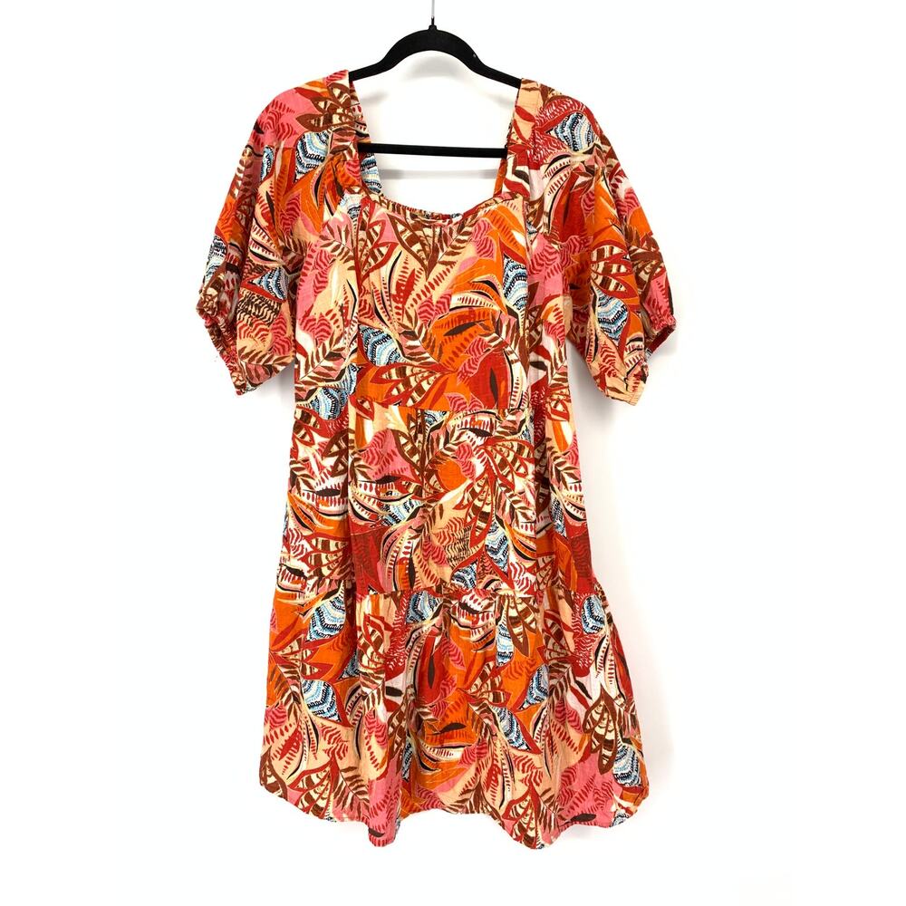 Mlle Gabrielle Tropical Leaf Mini Dress Womens 1X Orange Square Neck Puff Sleeve